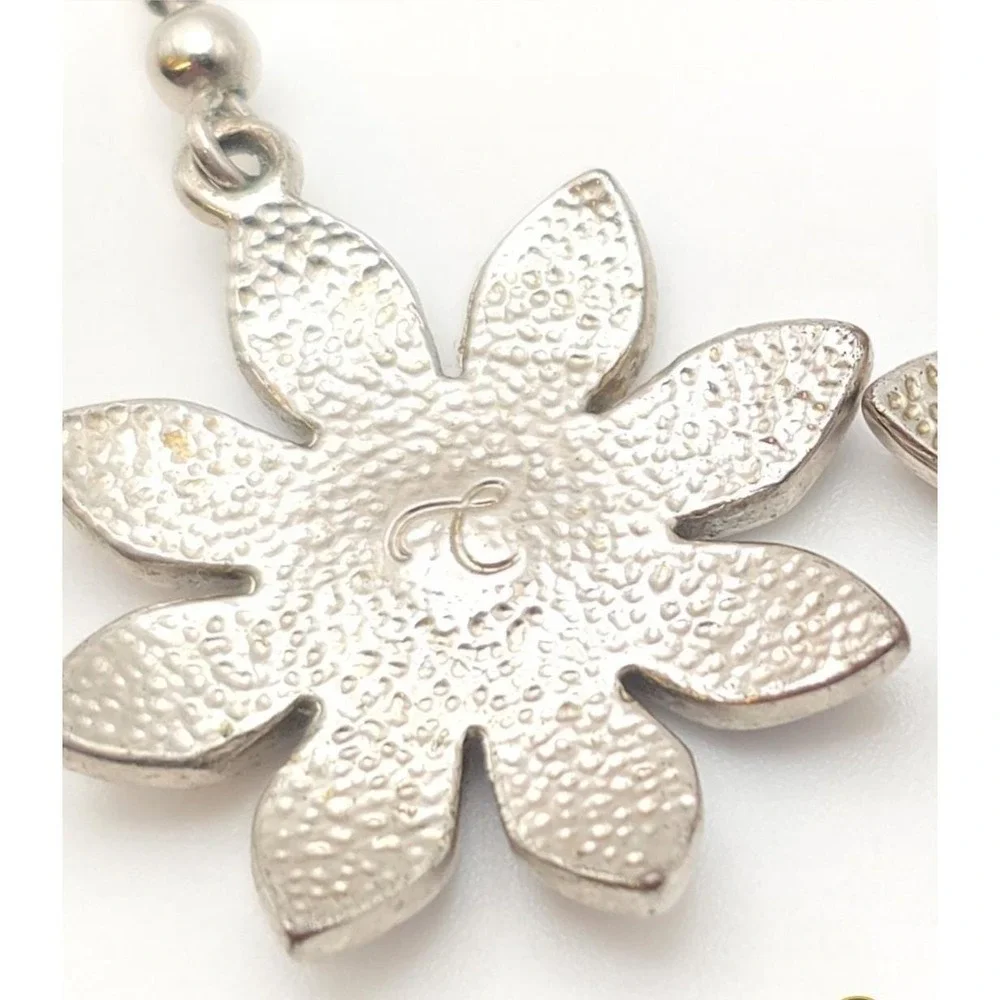 Signed C Earrings Purple Enamel Flower Clear Crystal Accents Dangle Silver‎ Tone